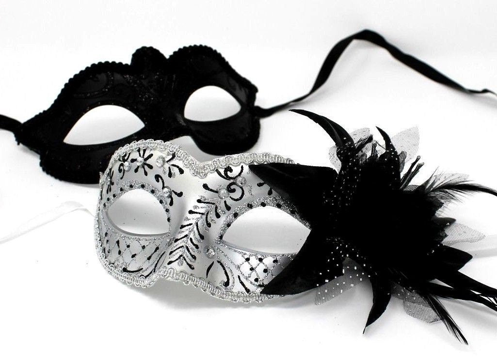 His and Hers Couples Masquerade Masks in Black and Silver Design with Flower