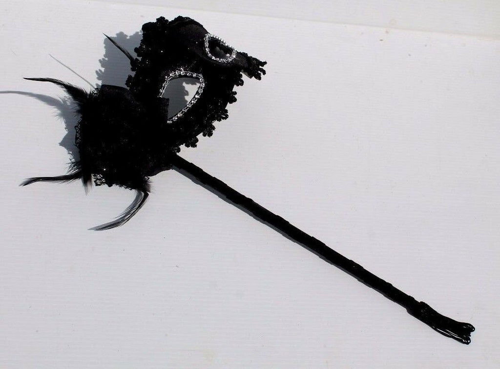 Stunning Sparkling Black Masquerade Mask with Diamontes and Flower on a Black Stick