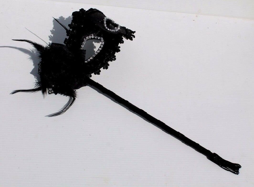 Stunning Sparkling Black Masquerade Mask with Diamontes and Flower on a Black Stick