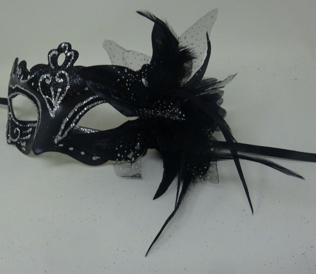 Black and Silver Rialto Masquerade Mask with Flower for Masked Ball Carnival Party Halloween