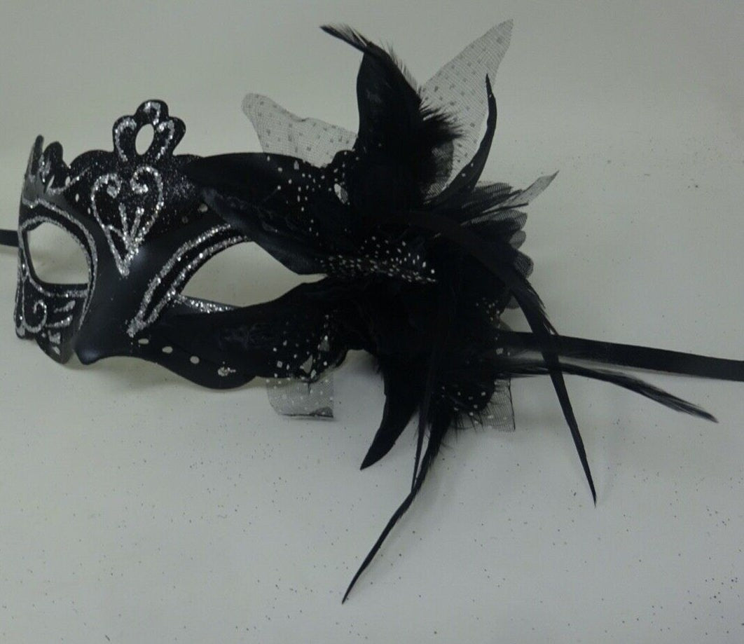 Black and Silver Rialto Masquerade Mask with Flower for Masked Ball Carnival Party Halloween