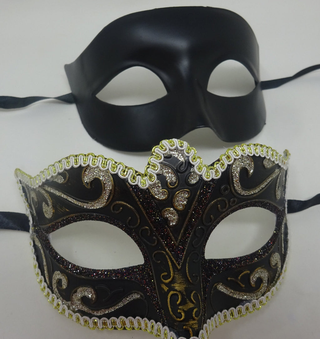His and Hers Black and Gold Quality Pair of Male and Female Couples Masquerade Masks