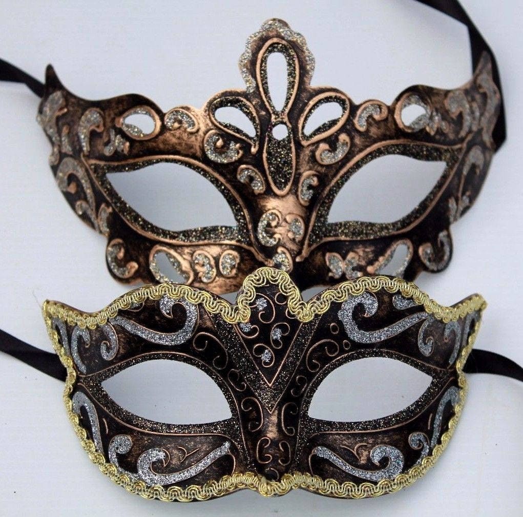 His n Hers Pair of Male and Female Masquerade Mask Black, Bronze, Silver and Gold