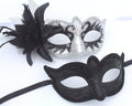 His and Hers Couples Masquerade Masks in Black and White Swan Lake Design with Flower