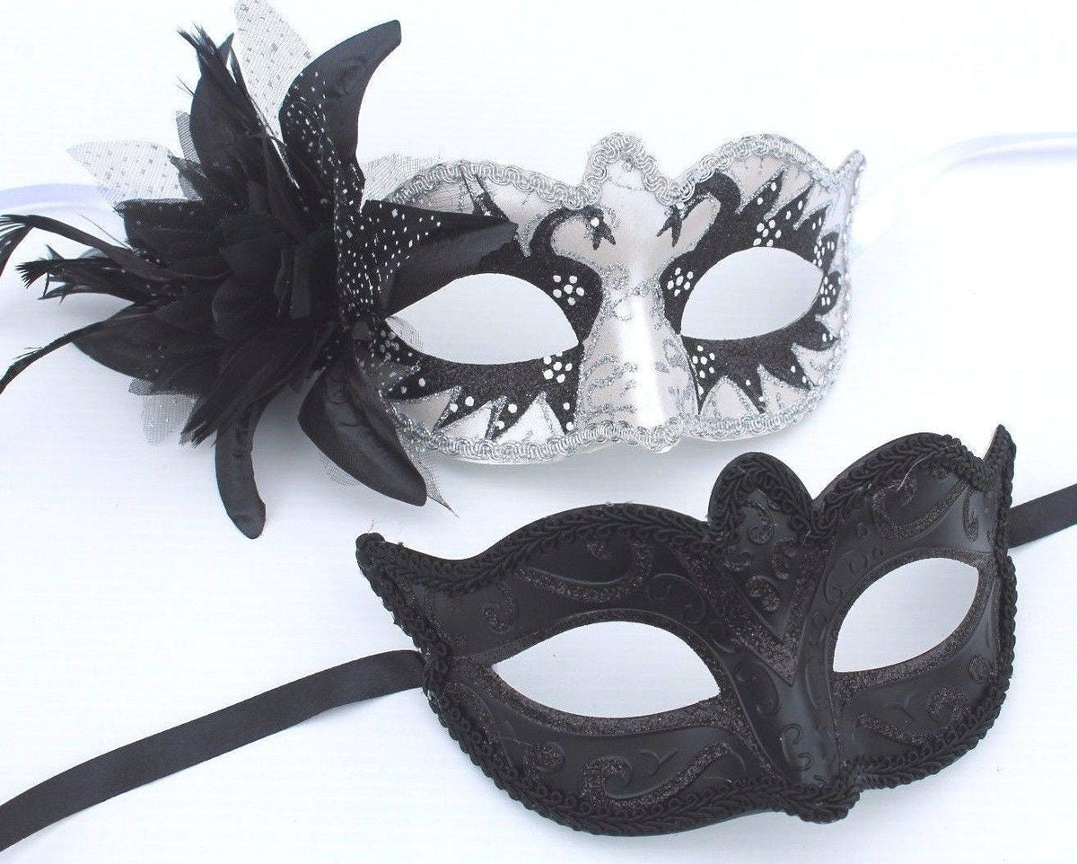 His and Hers Couples Masquerade Masks in Black and White Swan Lake Design with Flower