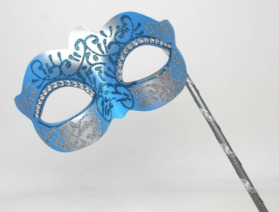 Turquoise Blue and Silver Mask on a Silver Stick