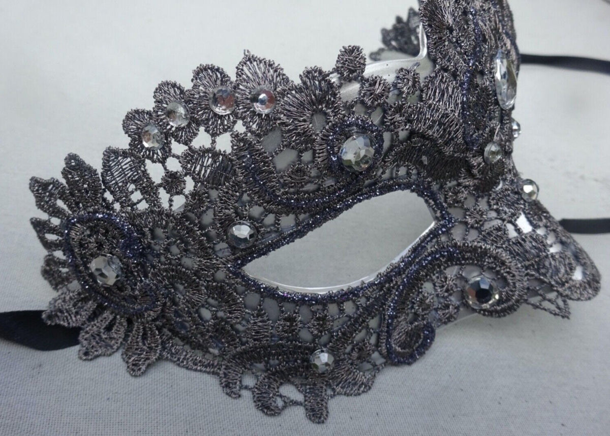 Silver Grey Brocade Lace Masquerade Party Carnival Eye Ball Mask
