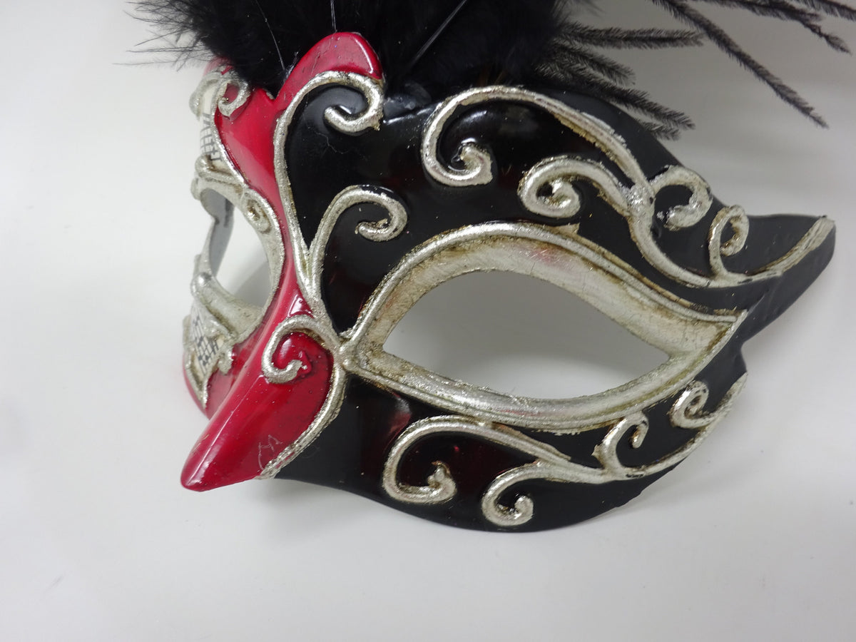 Ladies Red, Black and Silver Musical Masquerade Mask for Masked Ball with Layered Long Black Feathers