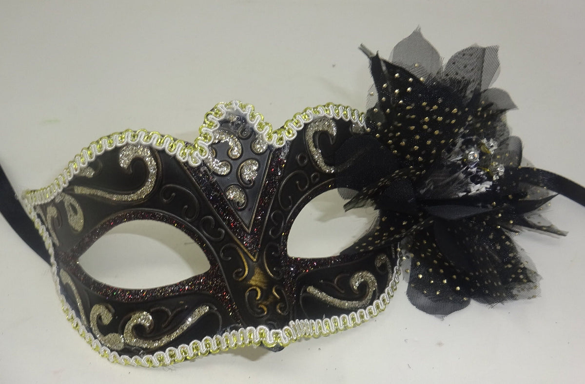 Black Bronze Gold and Silver Venetian Masquerade Ball Carnival Mask with Flower