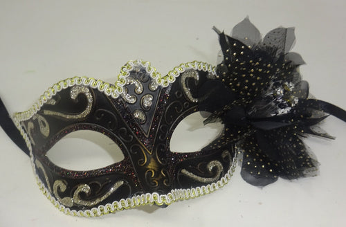 Black Bronze Gold and Silver Venetian Masquerade Ball Carnival Mask with Flower