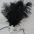 Ladies White & Silver Rialto Long Ostrich Feather Venetian Masquerade Ball Party Prom Eye Mask