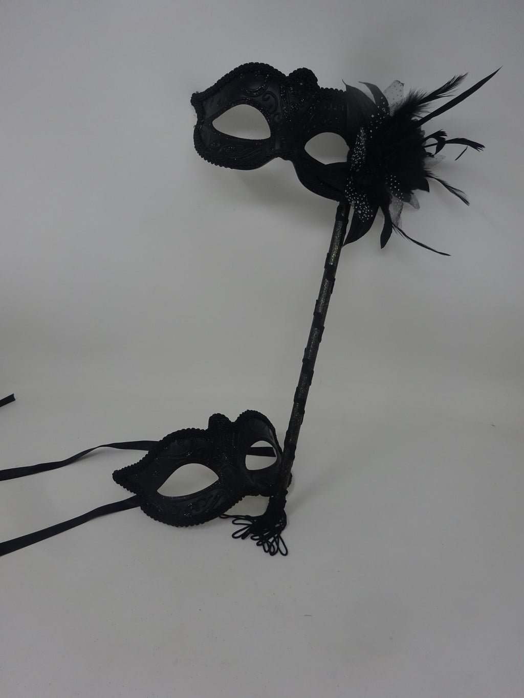 Black His n Hers Couples Masquerade Party Carnival Eye Masks with Flower and Stick