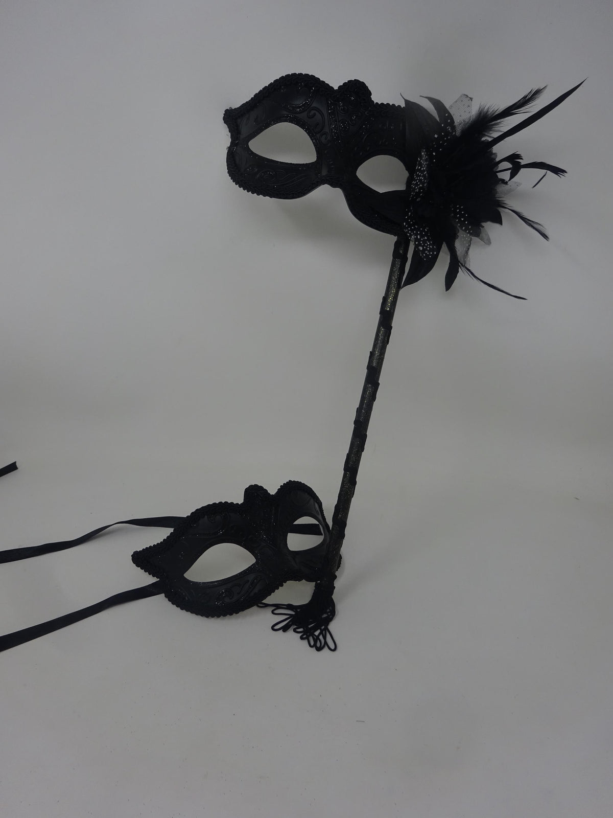 Black His n Hers Couples Masquerade Party Carnival Eye Masks with Flower and Stick