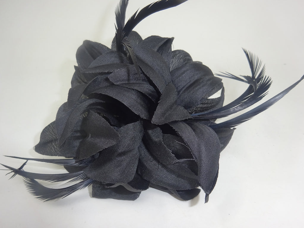 Hair Fascinator Corsage and Brooch Black with Fabric Petals and Slim Feathers Clip & Pin Fastening