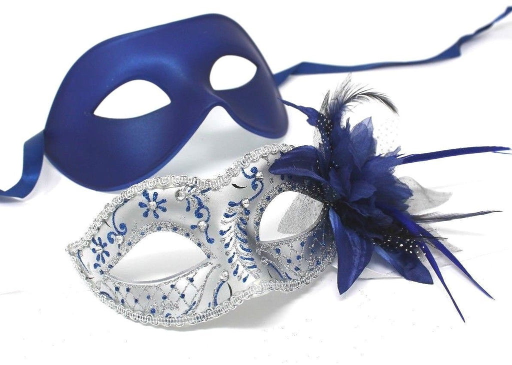 Blue and Silver Flower His and Hers Couple Masquerade Masks