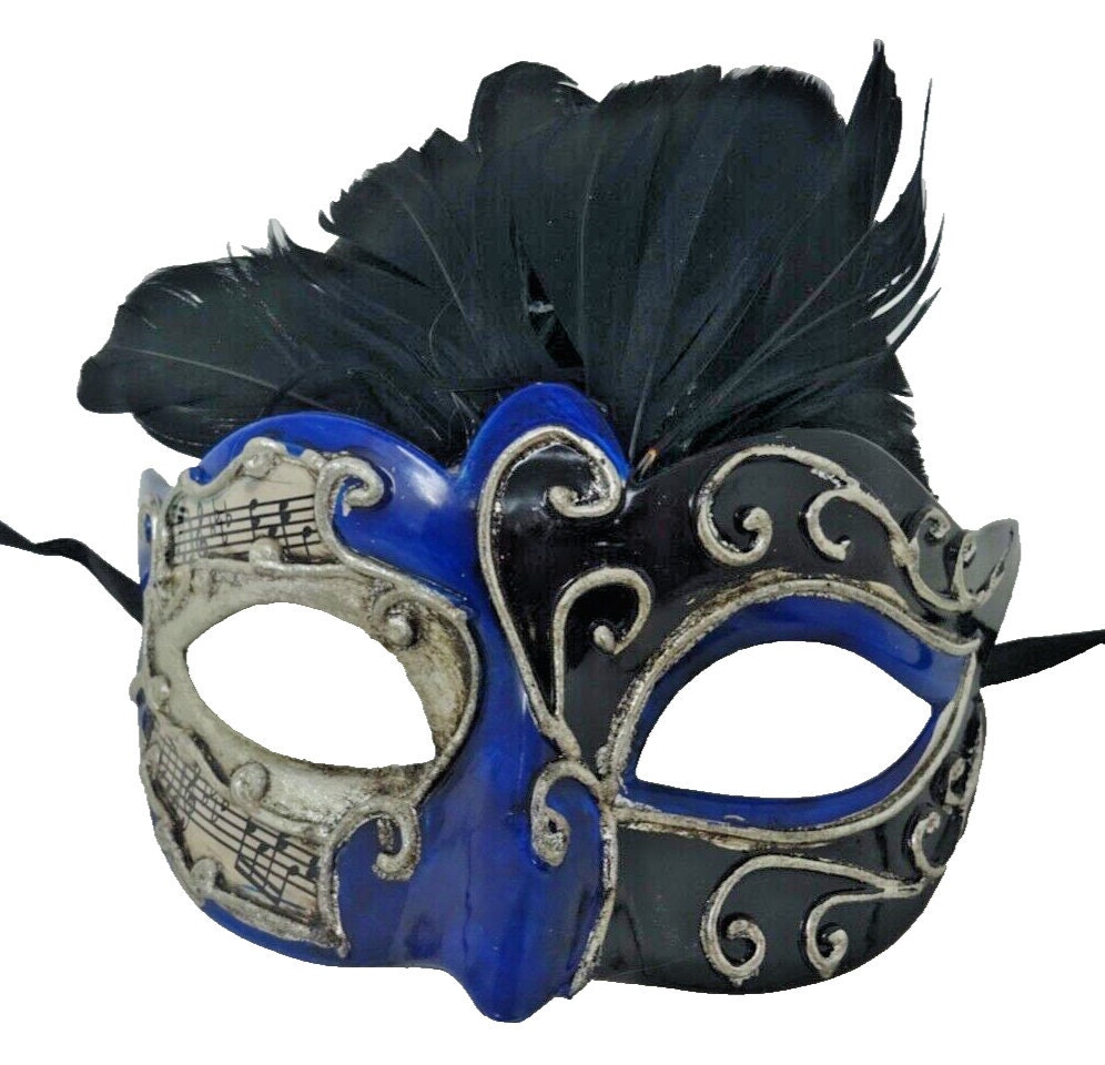 Blue Silver and Black Musical Feather Masquerade Mask for Masked Ball with Musical Notes Script