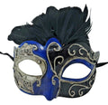 Blue Silver and Black Musical Feather Masquerade Mask for Masked Ball with Musical Notes Script