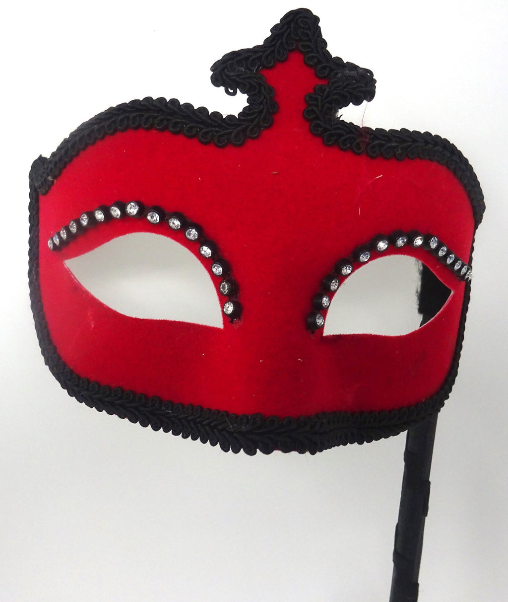 Red and Black Velour Masquerade Party Carnival Ball Eye Mask on a Black Hand Held Stick