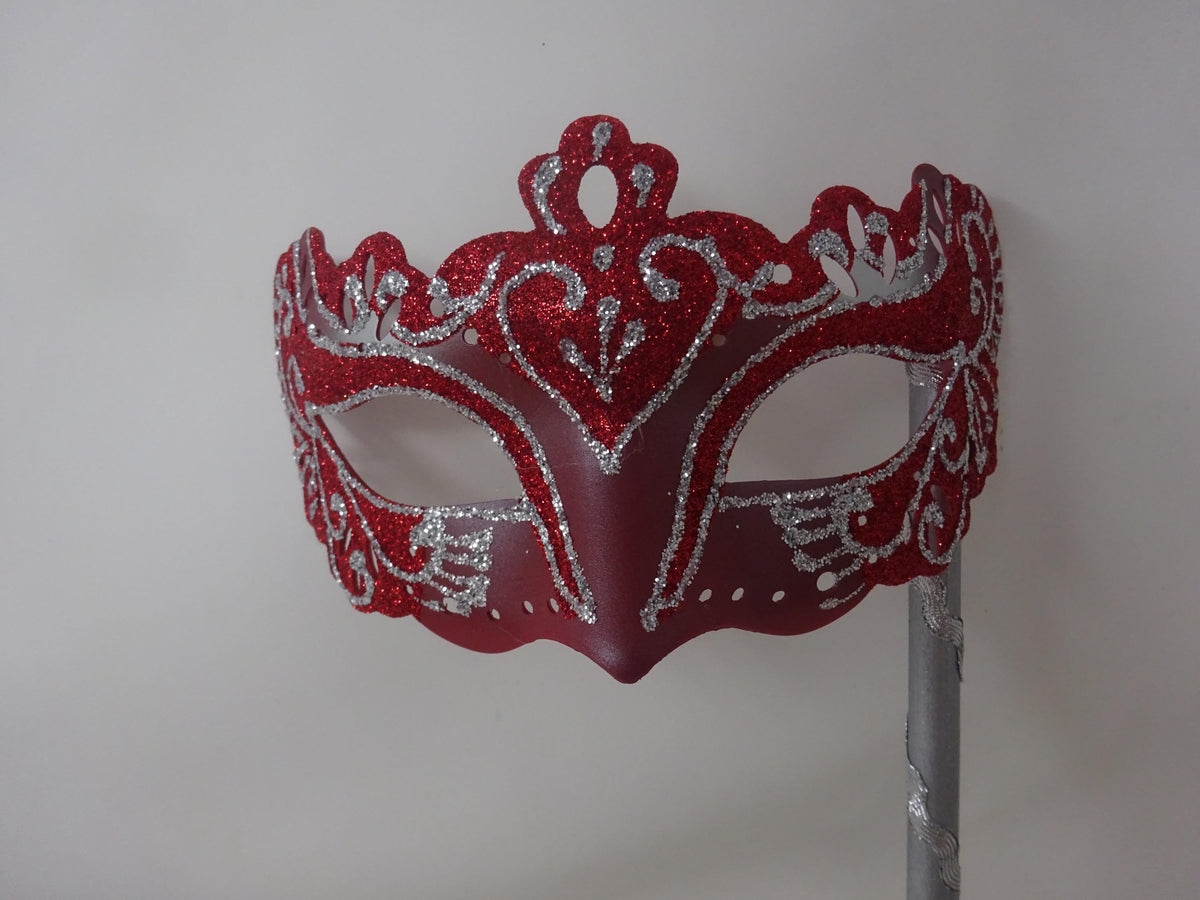 Red and Silver Rialto Venetian Masquerade Ball Party Prom Carnival Mask Hand Held on a Stick