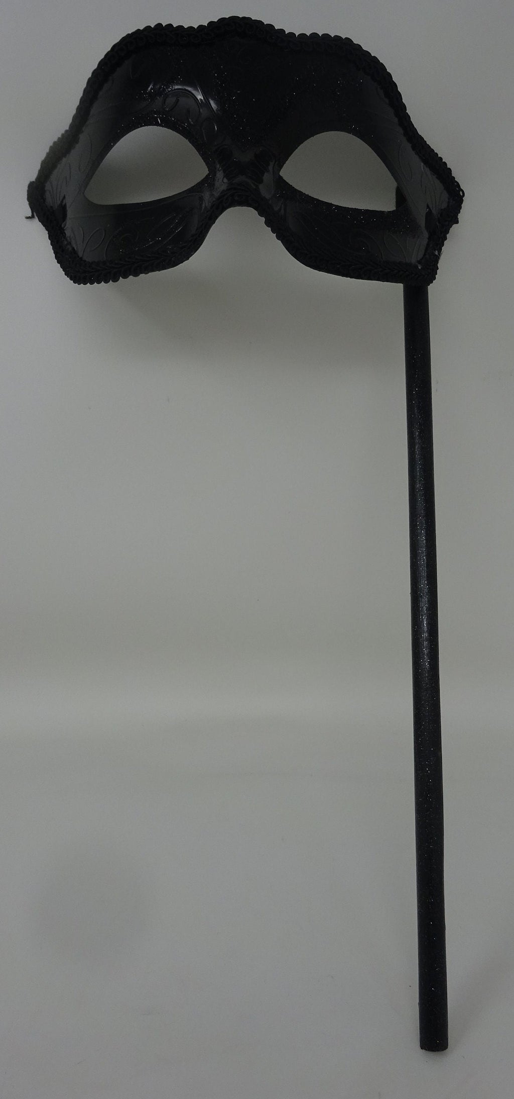 Stunning High Gloss Black Masquerade Mask on a Black Stick