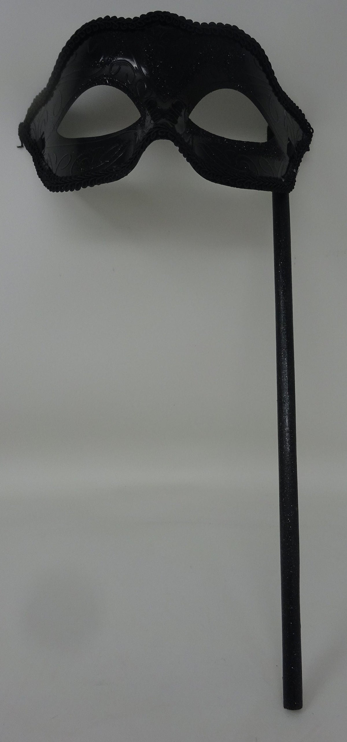 Stunning High Gloss Black Masquerade Mask on a Black Stick