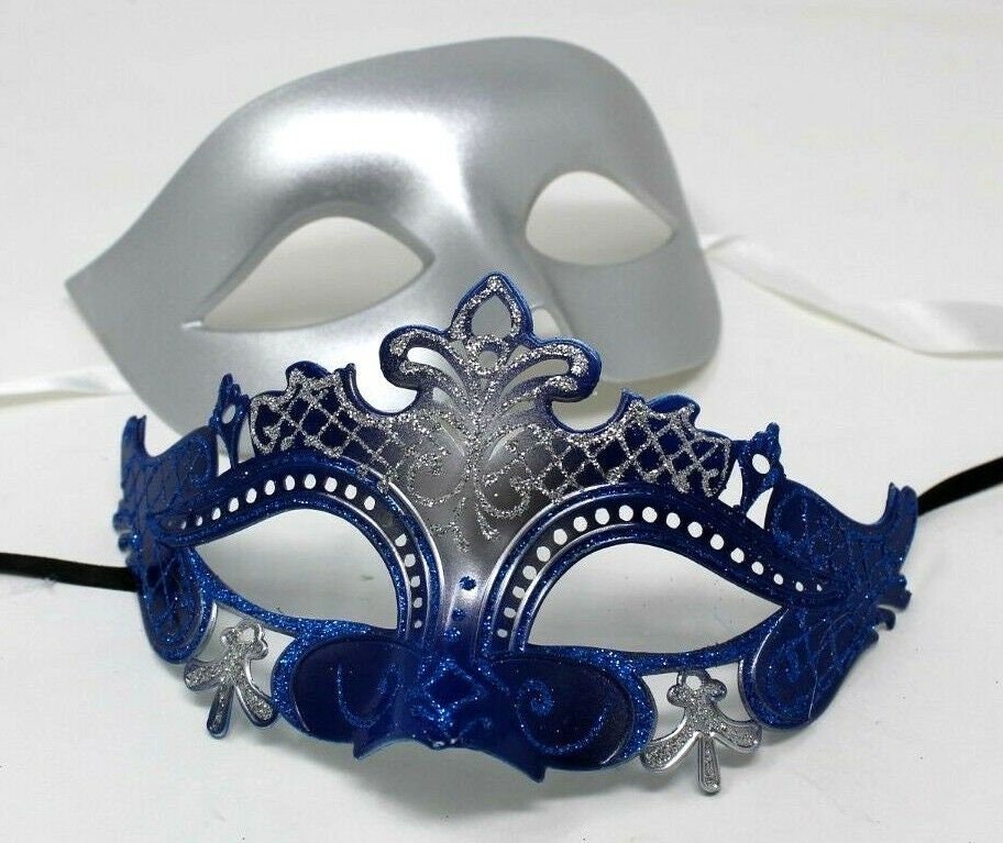 Blue and Silver His and Hers Couple Masquerade Masks