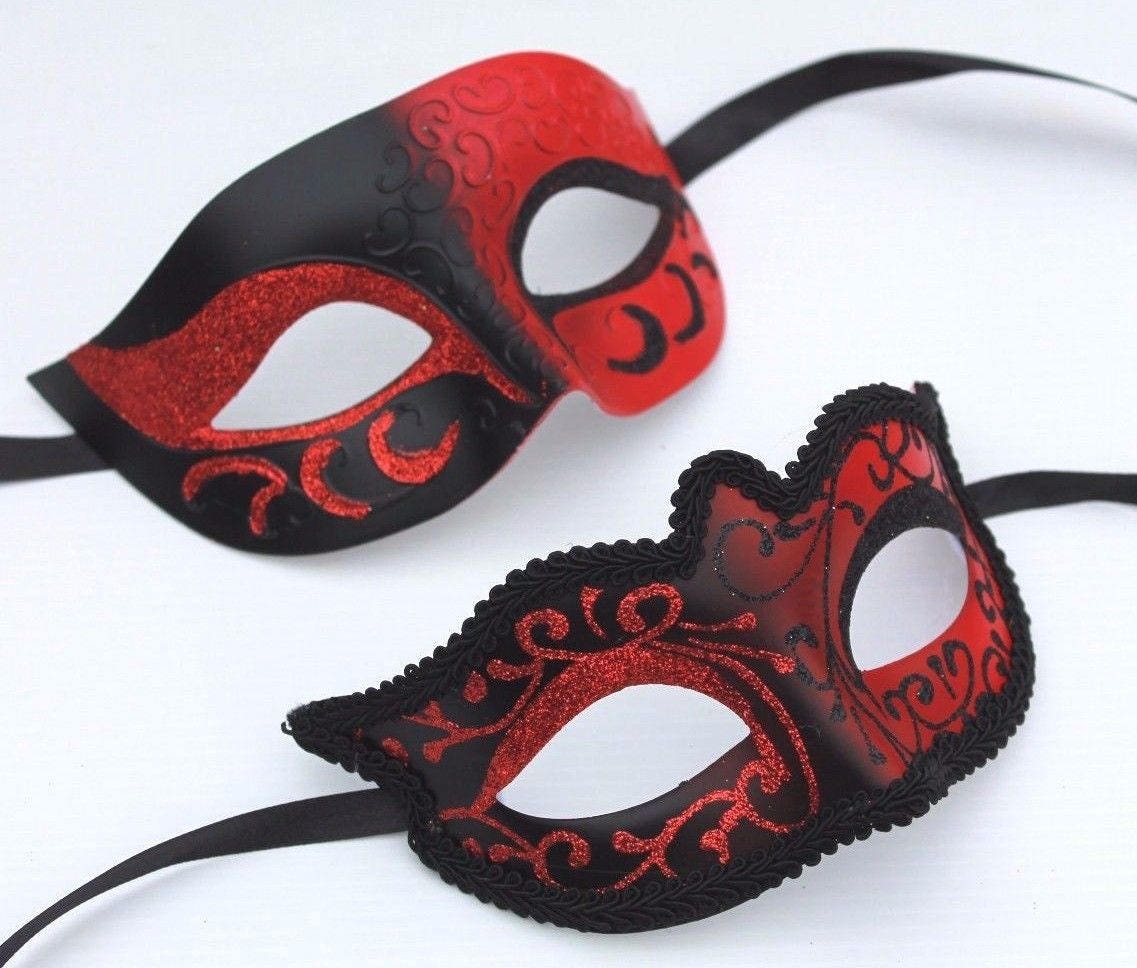 Black & Red Pair of Male and Female Couples Masquerade Masks