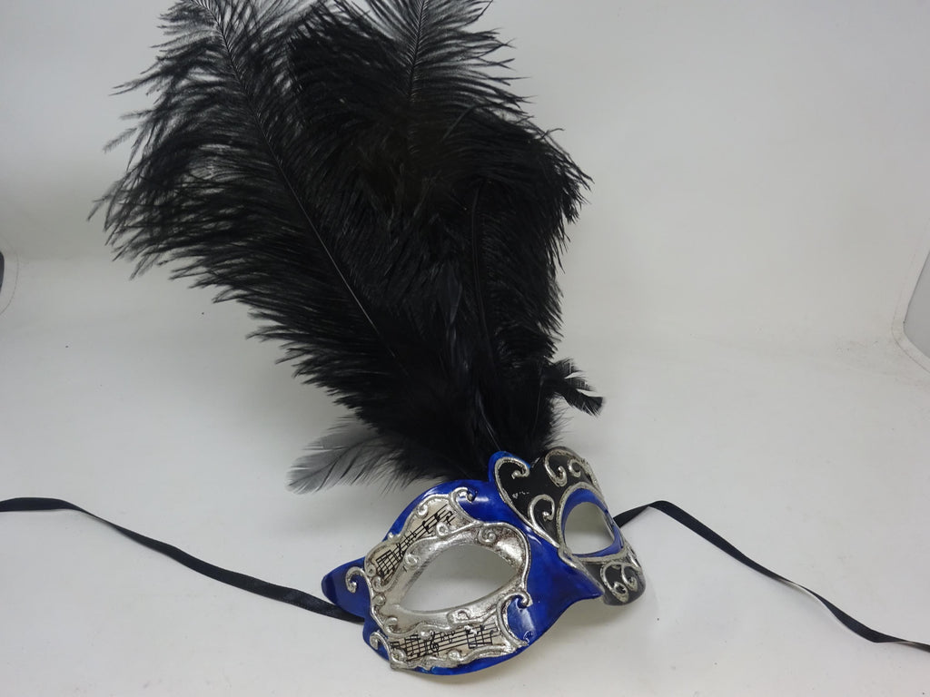 Blue Silver & Black Venetian Masquerade Ball Party Eye Musical Script Mask Long Black Feathers