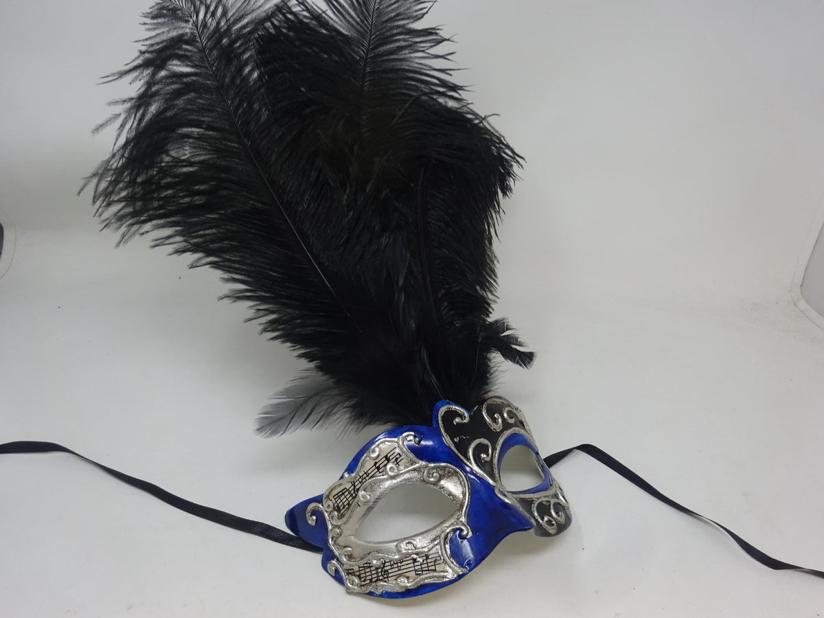 Blue Silver & Black Venetian Masquerade Ball Party Eye Musical Script Mask Long Black Feathers