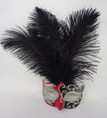 Ladies Red, Black and Silver Musical Masquerade Mask for Masked Ball with Layered Long Black Feathers