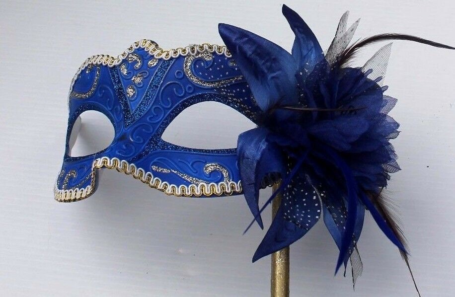Stunning Blue and Gold with Flower Masquerade Mask on a Gold Stick with Co-ordinated Flower