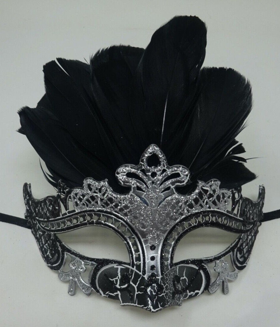 Black and Silver Rialto Masquerade Party Ball Carnival Eye Feather Mask