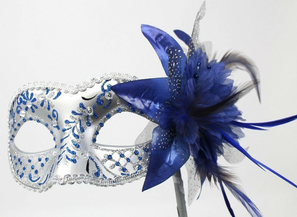 Blue and Silver Jewelled Party Masquerade Wedding Bridal ball Eye Mask on Stick with Flower