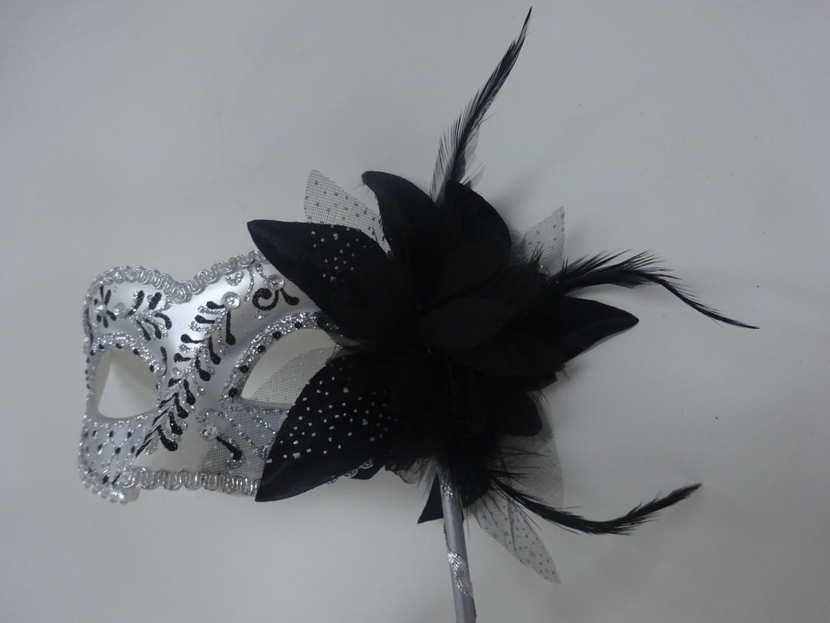Stunning Black and Silver Feather Masquerade Mask with a Flower & Feathers on a Silver Stick