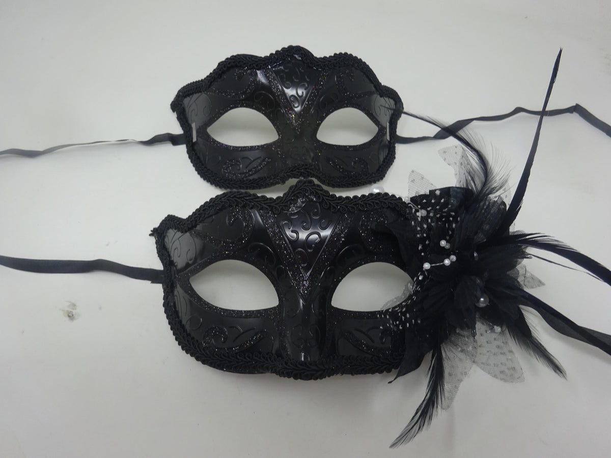 Black Gloss His n Hers Couples Masquerade Masks with Flower Beaded Stamens Organza