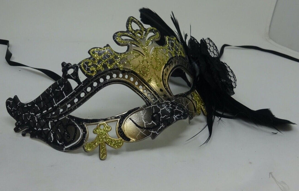 Black and Gold Rialto Masquerade Ball Carnival Party Mask with Flower and Feathers