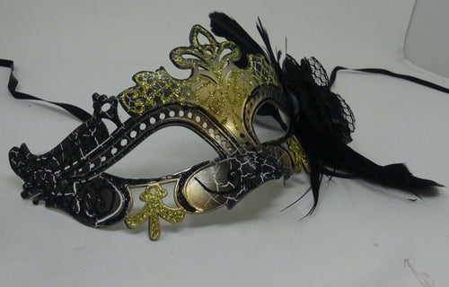 Black and Gold Rialto Masquerade Ball Carnival Party Mask with Flower and Feathers
