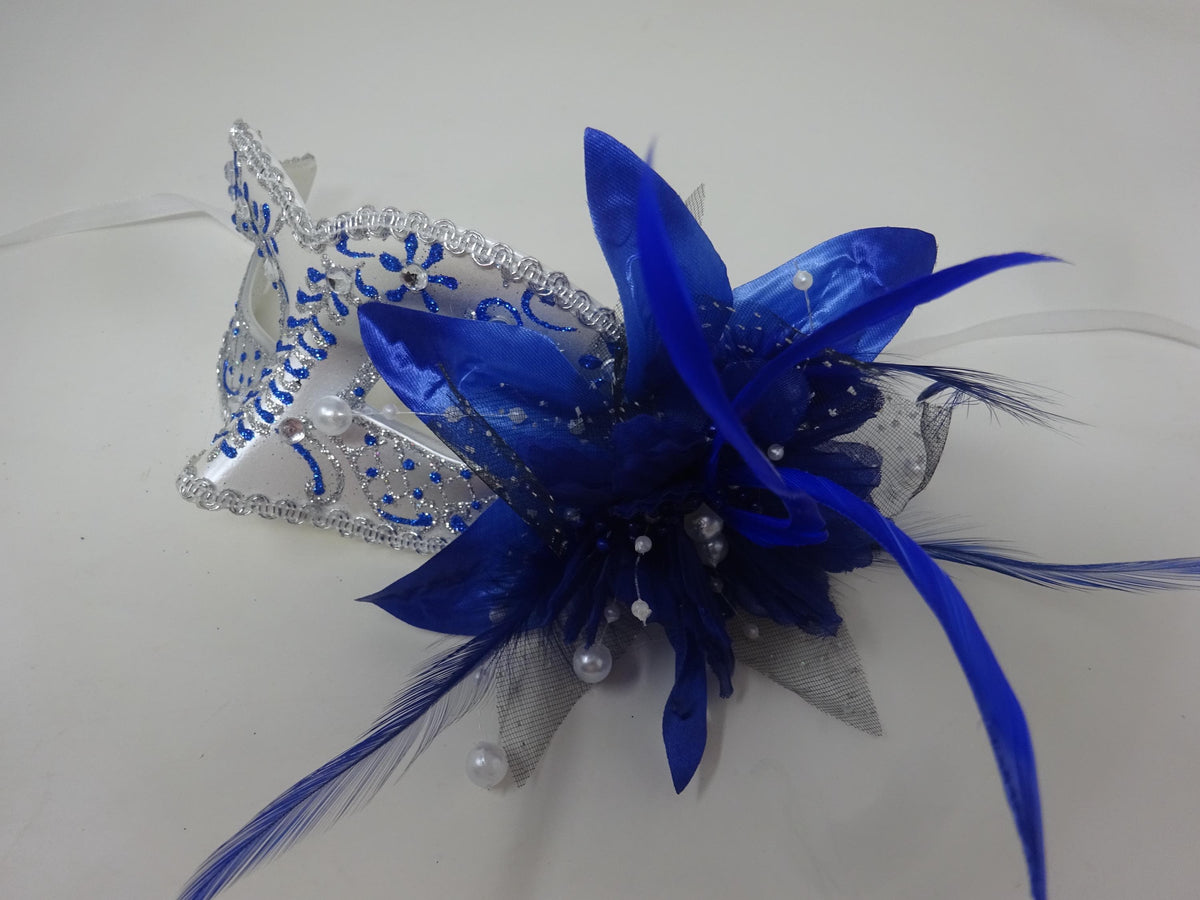 Blue and Silver Masquerade Mask with Flower Long Slim Feathers Beaded Stamens and Organza Enhanced with Clear Jewels