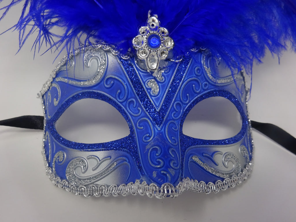 Blue and Silver Tall Feather Masquerade Party Carnival Ball Mask with Centre Jewel