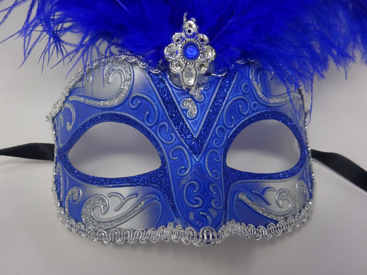 Blue and Silver Tall Feather Masquerade Party Carnival Ball Mask with Centre Jewel