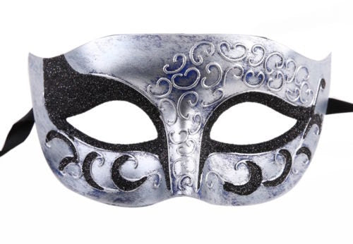 Mens or Ladies Silver, Black and Antique Blue Flick Masquerade Mask