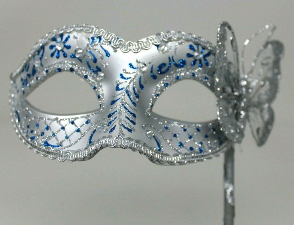 Blue and Silver Jewelled Party Masquerade Wedding Bridal ball Eye Mask on Stick with a Butterfly