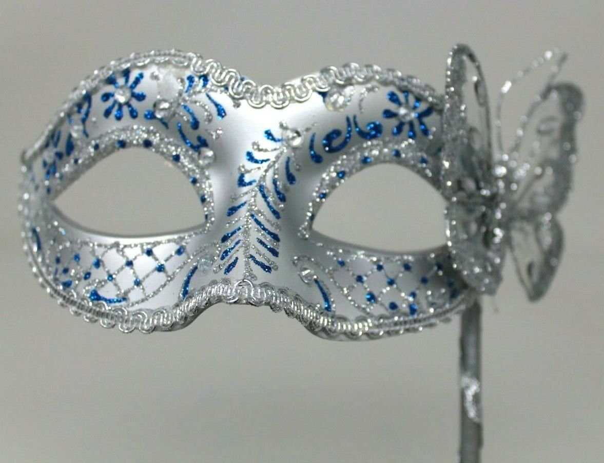 Blue and Silver Jewelled Party Masquerade Wedding Bridal ball Eye Mask on Stick with a Butterfly
