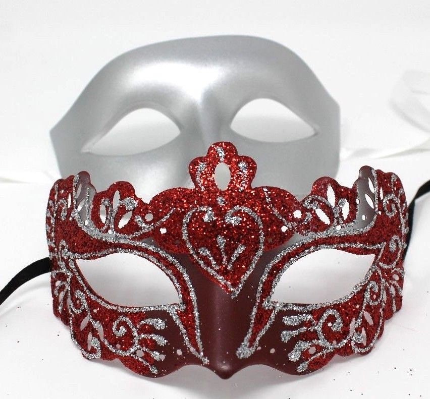 Silver & Red Pair of Male and Female Couples Masquerade Masks