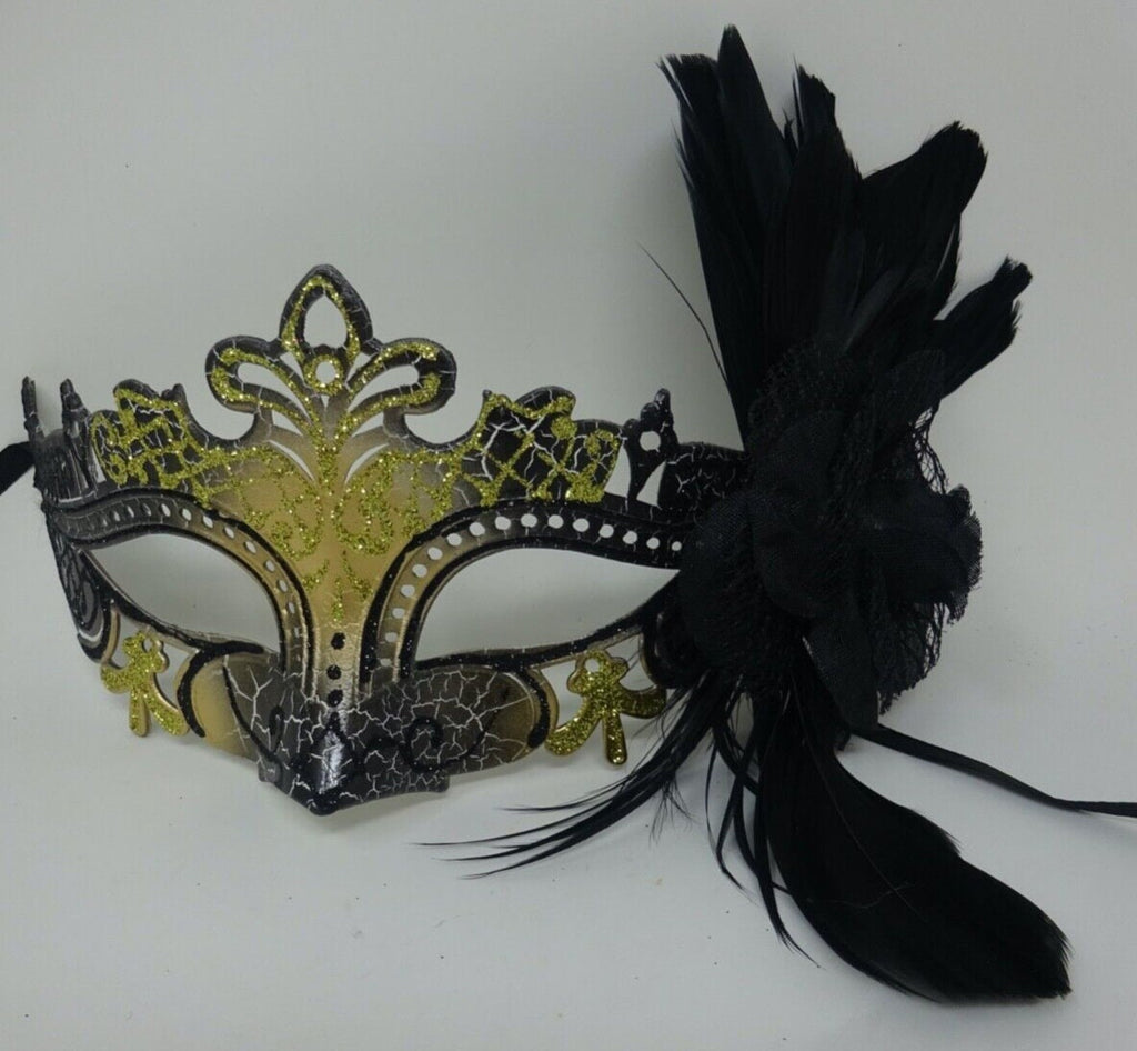 Black and Gold Rialto Masquerade Ball Carnival Party Mask with Flower and Feathers