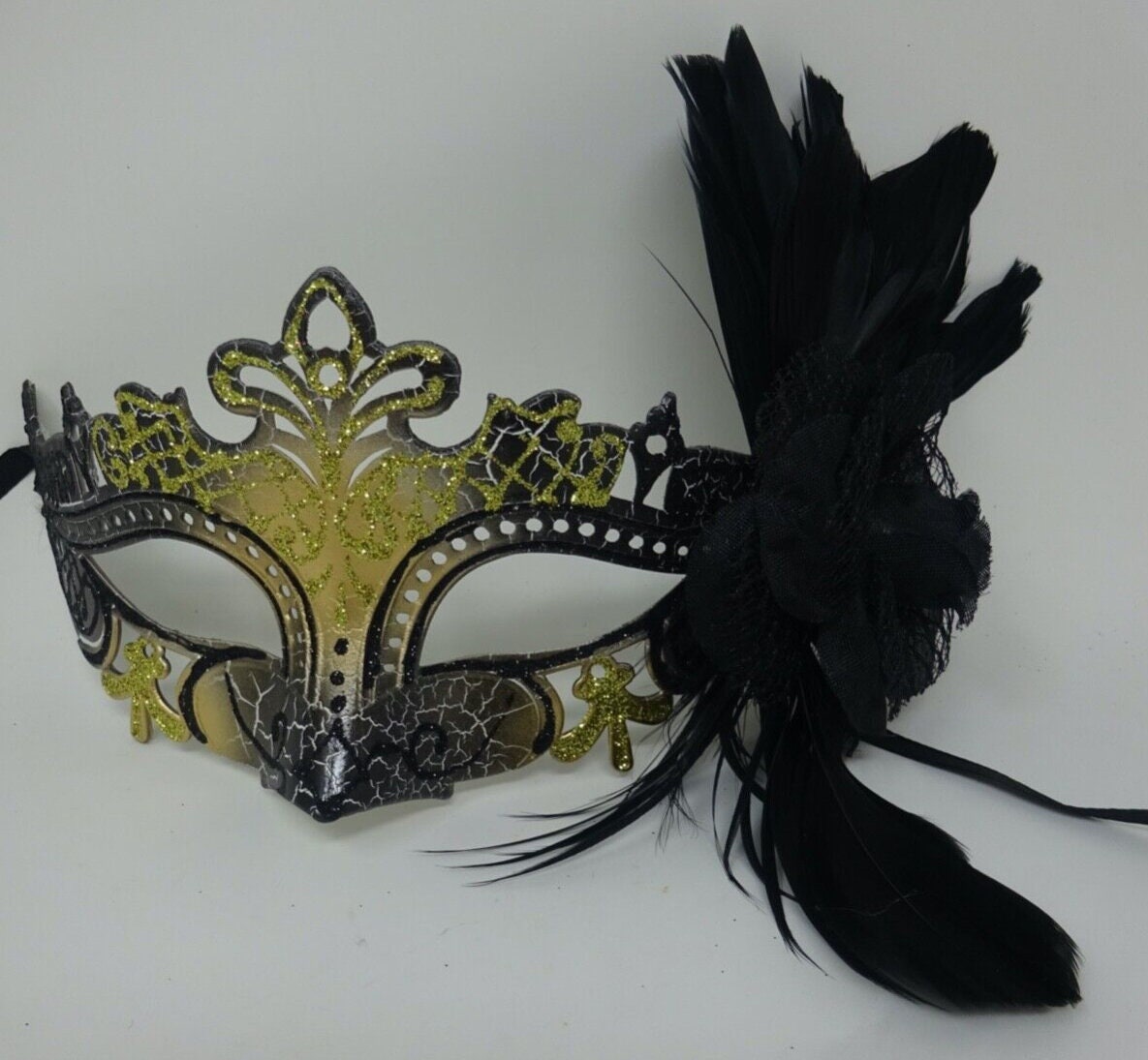 Black and Gold Rialto Masquerade Ball Carnival Party Mask with Flower and Feathers