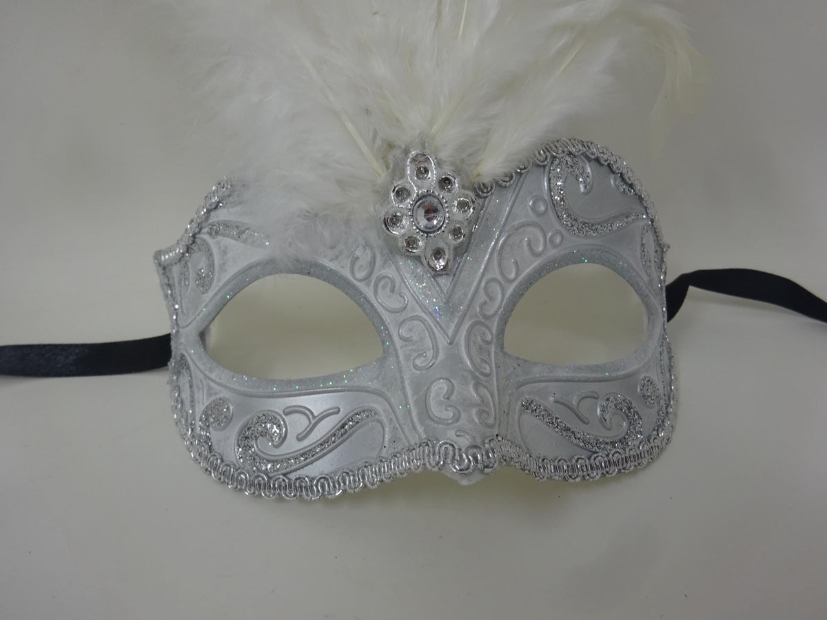 Ladies Stunning White and Silver Long Feather Masquerade Mask with Centre Jewel