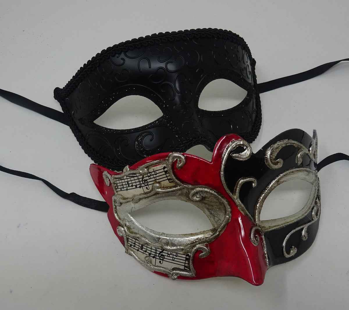 Musical Script Red Silver and Black His and Hers Couples Pair of Masquerade Masks