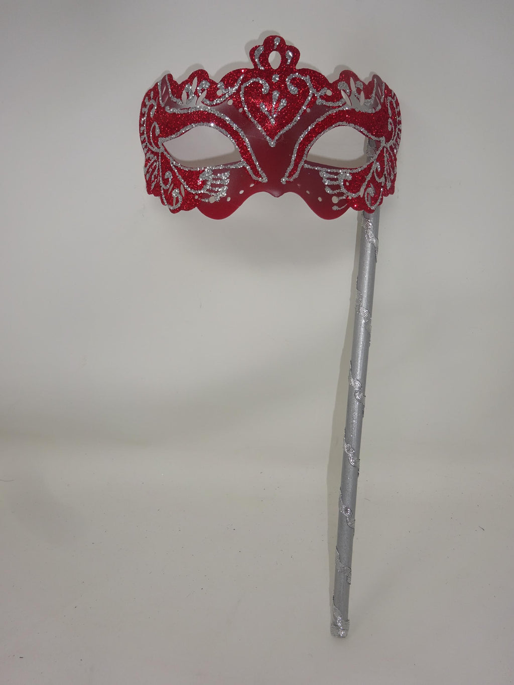 Red and Silver Rialto Venetian Masquerade Ball Party Prom Carnival Mask Hand Held on a Stick