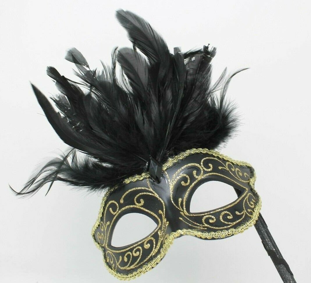 Black and Gold Masquerade Mask on a Stick with Feather Detail